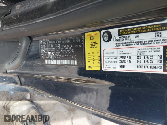 2009 BMW 3 Series 335i xDrive with VIN WBAWC73599E063418, listed as a IAAI auction lot 41781056 with Not provided miles and . Bid and sale history available at DreamBid. Image 9.