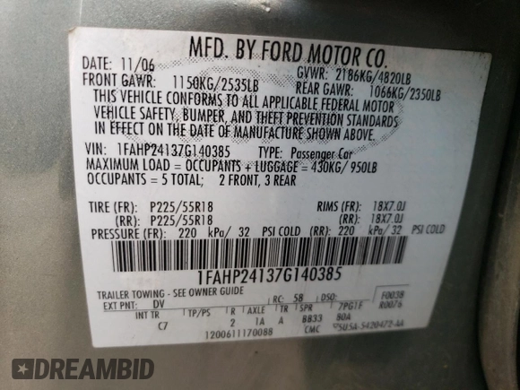 2007 Ford Five Hundred SEL with VIN 1FAHP24137G140385, listed as a Copart auction lot 58761784 with 234,032 mi miles and Non Repairable. Bid and sale history available at carsss.com. Image 12.
