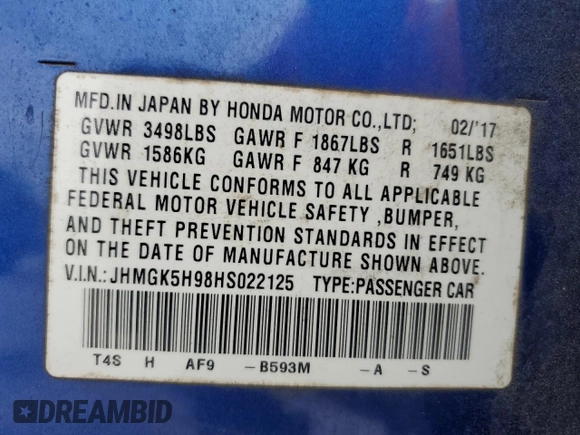 2017 Honda Fit EX-L z VIN JHMGK5H98HS022125, wystawiony jako Copart lot #56725375 z przebiegiem 53 229 mil mil oraz Szkoda całkowita • Salvage title. Historia ofert i sprzedaży dostępna na DreamBid. Obrazek 12.