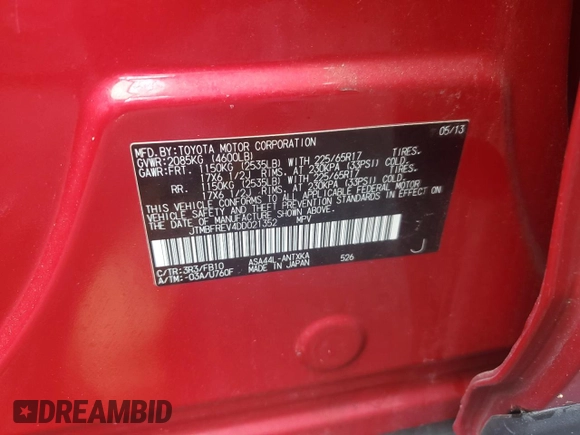 2013 Toyota RAV4 LE z VIN JTMBFREV4DD021352, wystawiony jako Copart lot #60997095 z przebiegiem 95 864 mil mil oraz Szkoda całkowita • Salvage title. Historia ofert i sprzedaży dostępna na DreamBid. Obrazek 12.