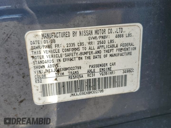2008 Infiniti EX Journey with VIN JNKAJ09EX8M302799, listed as a Copart auction lot 63910285 with Not provided miles and Salvage title. Bid and sale history available at DreamBid. Image 13.