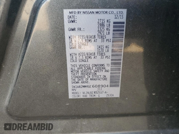 2016 Nissan Pathfinder S with VIN 5N1AR2MM4GC608904, listed as a Copart auction lot 71066324 with 90,727 mi miles and Salvage Title. Bid and sale history available at carsss.com. Image 15.
