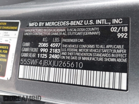 2018 Mercedes-Benz C 300 with VIN 55SWF4JBXJU265610, listed as a IAAI auction lot 41626070 with 46,071 mi miles and . Bid and sale history available at DreamBid. Image 9.