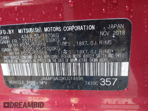 2019 Mitsubishi Outlander Sport ES 2.0 with VIN JA4AP3AU2KU014698, listed as a IAAI auction lot 41199228 with 62,720 mi miles. Bid and sale history available at carsss.com. Image 9.
