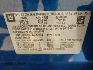 2015 GMC Sierra 1500 SLT with VIN 3GTU2VEC5FG377584, listed as a IAAI auction lot 41957928 with 91,125 mi miles and . Bid and sale history available at DreamBid. Image 9.