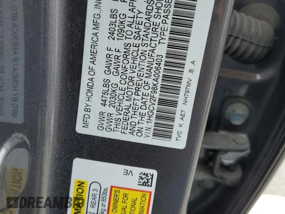 2019 Honda Accord Touring z VIN 1HGCV2F98KA006403, wystawiony jako Copart lot #51897185 z przebiegiem 105 136 mil mil oraz Szkoda całkowita • Salvage title. Historia ofert i sprzedaży dostępna na DreamBid. Obrazek 12.