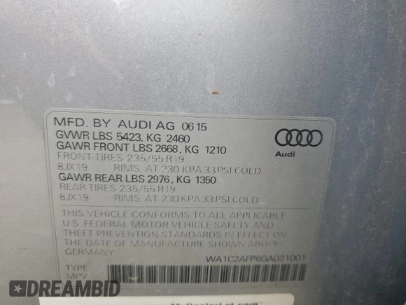 2016 Audi Q5 Premium z VIN WA1C2AFP6GA021001, wystawiony jako Copart lot #61641835 z przebiegiem 112 821 mil mil oraz Czysty tytuł • Clean title. Historia ofert i sprzedaży dostępna na DreamBid. Obrazek 13.