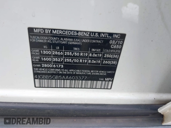 2010 Mercedes-Benz M 350 with VIN 4JGBB5GB5AA603377, listed as a IAAI auction lot 39926525 with 223,308 mi miles and . Bid and sale history available at DreamBid. Image 9.
