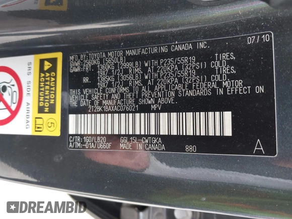 2010 Lexus RX 350 with VIN 2T2BK1BAXAC076021, listed as a IAAI auction lot 42077386 with 181,990 mi miles and . Bid and sale history available at DreamBid. Image 9.