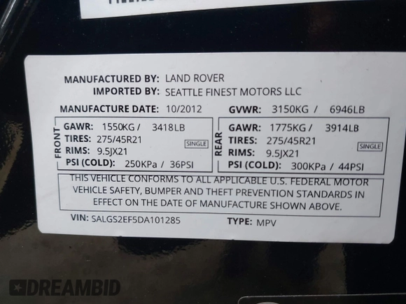 2013 Land Rover Range Rover SC with VIN SALGS2EF5DA101285, listed as a IAAI auction lot 42225090 with 91,182 mi miles and . Bid and sale history available at DreamBid. Image 9.