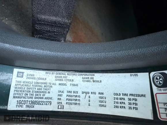 2005 Chevrolet Colorado 1SF LS Z71 with VIN 1GCDT136058221279, listed as a Copart auction lot 55877775 with 191,225 mi miles and Clean Title. Bid and sale history available at carsss.com. Image 10.