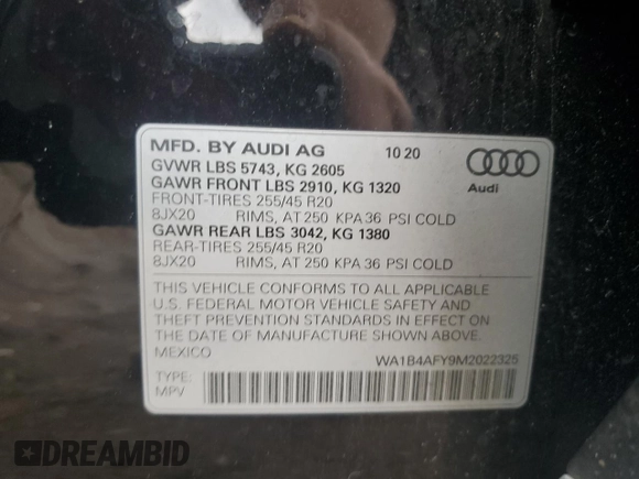 2021 Audi SQ5 Premium Plus with VIN WA1B4AFY9M2022325, listed as a Copart auction lot 50020205 with 57,836 mi miles and Salvage Title. Bid and sale history available at carsss.com. Image 13.