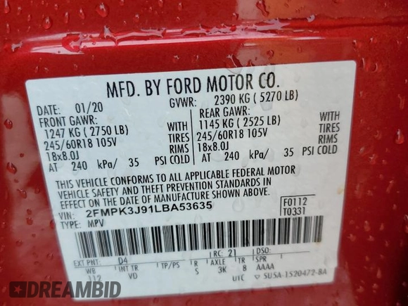 2020 Ford Edge SEL with VIN 2FMPK3J91LBA53635, listed as a Copart auction lot 45736615 with 88,430 mi miles and Salvage title. Bid and sale history available at DreamBid. Image 13.