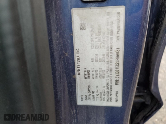 2020 Tesla Model 3 Performance z VIN 5YJ3E1EC2LF669481, wystawiony jako Copart lot #53718595 z przebiegiem 88 709 mil mil oraz Czysty tytuł • Clean title. Historia ofert i sprzedaży dostępna na DreamBid. Obrazek 12.