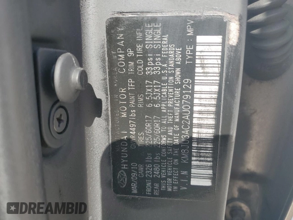 2010 Hyundai Tucson GLS with VIN KM8JU3AC2AU079129, listed as a Copart auction lot 54312875 with 116,659 mi miles and Salvage Title. Bid and sale history available at DreamBid. Image 13.