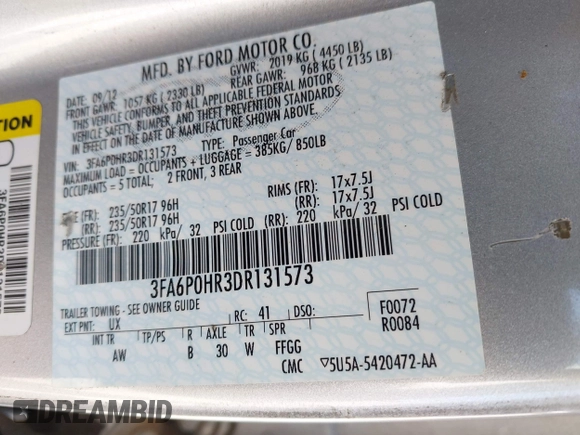 2013 Ford Fusion SE with VIN 3FA6P0HR3DR131573, listed as a IAAI auction lot 42139156 with 97,435 mi miles. Bid and sale history available at carsss.com. Image 9.