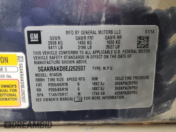 2014 Buick Enclave Convenience with VIN 5GAKRAKD8EJ262937, listed as a Copart auction lot 82228094 with 145,301 mi miles and Salvage Title. Bid and sale history available at carsss.com. Image 13.
