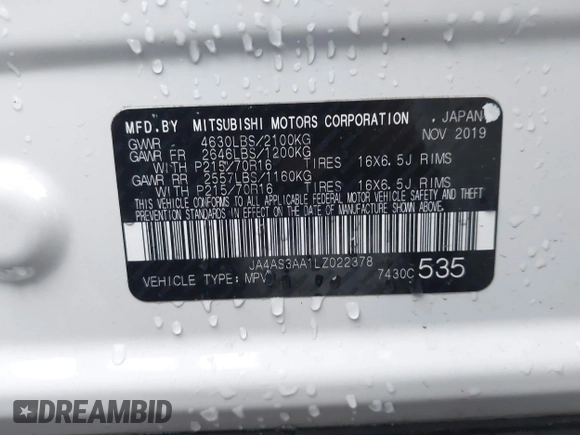 2020 Mitsubishi Eclipse Cross ES with VIN JA4AS3AA1LZ022378, listed as a IAAI auction lot 41472439 with 67,109 mi miles and . Bid and sale history available at DreamBid. Image 9.