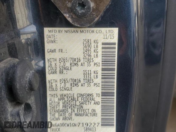 2016 Nissan Frontier SV with VIN 1N6AD0CW1GN719227, listed as a Copart auction lot 47449955 with 155,219 mi miles and Salvage title. Bid and sale history available at DreamBid. Image 14.