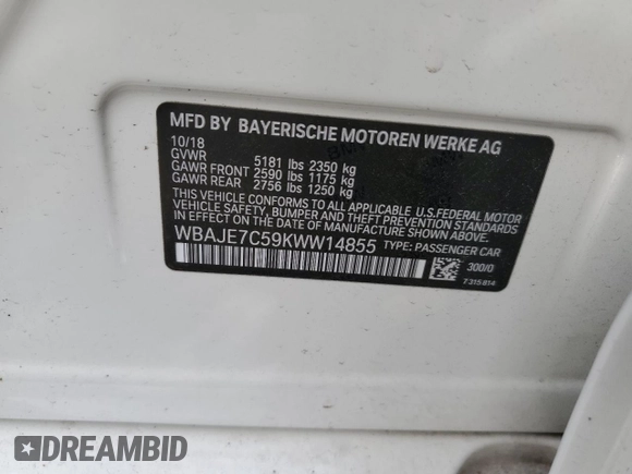 2019 BMW 5 Series 540i xDrive with VIN WBAJE7C59KWW14855, listed as a Copart auction lot 49840104 with 61,705 mi miles and Salvage title. Bid and sale history available at DreamBid. Image 13.