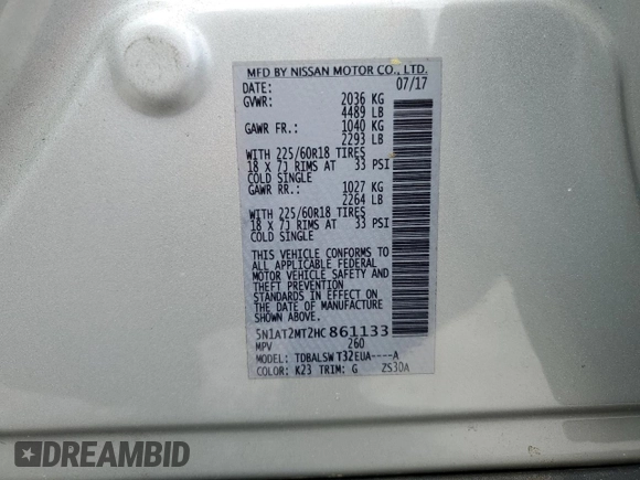 2017 Nissan Rogue S with VIN 5N1AT2MT2HC861133, listed as a Copart auction lot 54749085 with 86,705 mi miles and Salvage title. Bid and sale history available at DreamBid. Image 13.