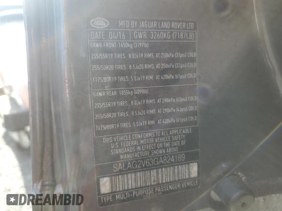 2016 Land Rover LR4 HSE with VIN SALAG2V63GA824189, listed as a Copart auction lot 43758795 with Not provided miles and Salvage title. Bid and sale history available at DreamBid. Image 13.