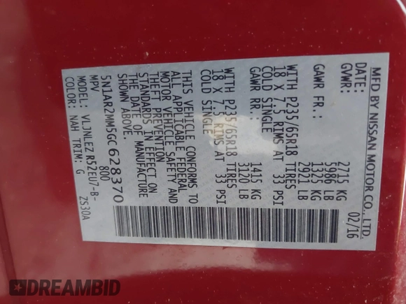 2016 Nissan Pathfinder S with VIN 5N1AR2MM5GC628370, listed as a IAAI auction lot 42193653 with 149,120 mi miles and . Bid and sale history available at DreamBid. Image 9.