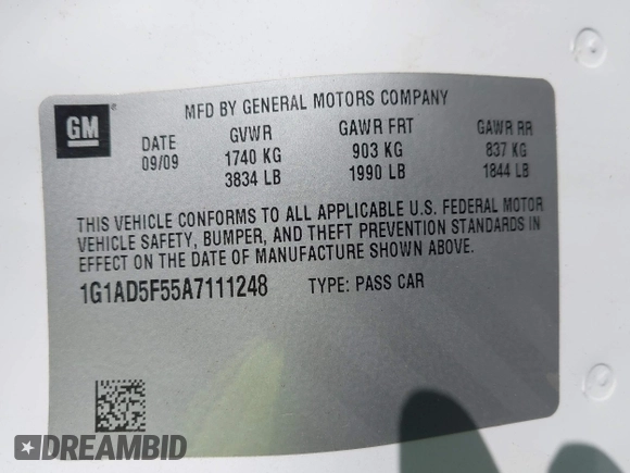 2010 Chevrolet Cobalt 1LT with VIN 1G1AD5F55A7111248, listed as a IAAI auction lot 42103277 with Not Provided miles and . Bid and sale history available at DreamBid. Image 9.