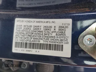 2020 Honda Accord EX-L with VIN 1HGCV2F52LA003155, listed as a Copart auction lot 57173685 with 28,722 mi miles and Salvage title. Bid and sale history available at DreamBid. Image 12.