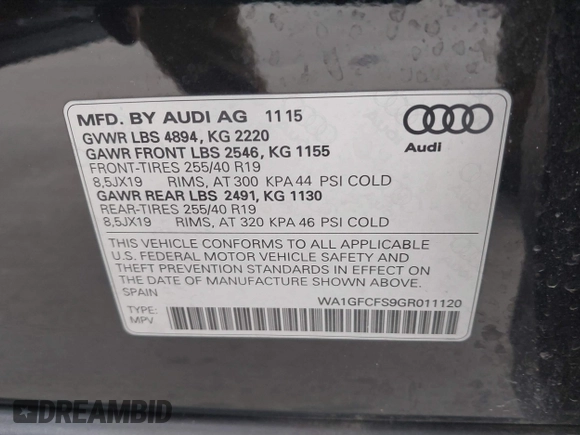 2016 Audi Q3 Prestige with VIN WA1GFCFS9GR011120, listed as a IAAI auction lot 41890989 with 85,625 mi miles. Bid and sale history available at carsss.com. Image 9.