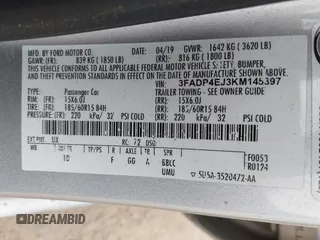 2019 Ford Fiesta SE with VIN 3FADP4EJ3KM145397, listed as a IAAI auction lot 42055399 with 80,667 mi miles. Bid and sale history available at carsss.com. Image 9.
