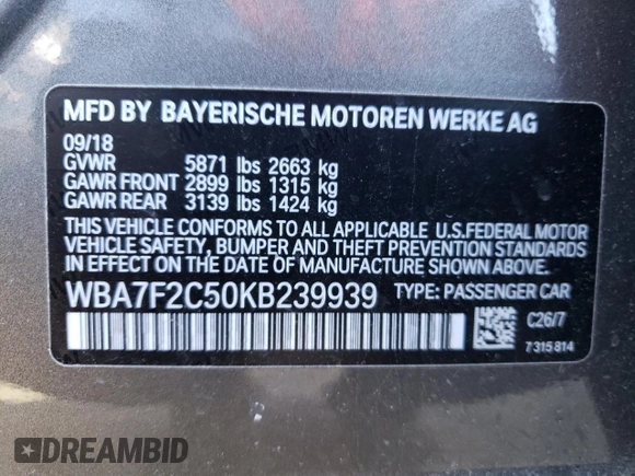 2019 BMW 7 Series 750i xDrive with VIN WBA7F2C50KB239939, listed as a Copart auction lot 71410423 with 52,428 mi miles. Bid and sale history available at carsss.com. Image 12.