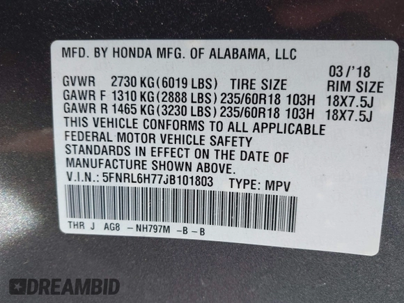 2018 Honda Odyssey EX-L with VIN 5FNRL6H77JB101803, listed as a IAAI auction lot 41927622 with 147,587 mi miles. Bid and sale history available at carsss.com. Image 9.