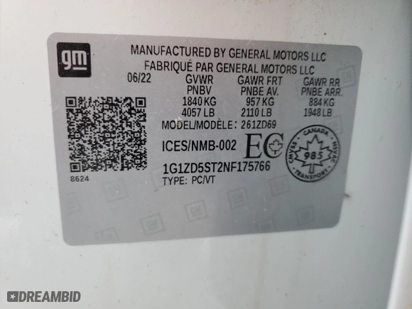 2022 Chevrolet Malibu LT with VIN 1G1ZD5ST2NF175766, listed as a Copart auction lot 43938795 with 89,482 mi miles and Salvage Title. Bid and sale history available at carsss.com. Image 12.