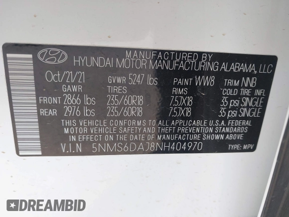 2022 Hyundai Santa Fe XRT with VIN 5NMS6DAJ8NH404970, listed as a IAAI auction lot 40688492 with 21,941 mi miles. Bid and sale history available at carsss.com. Image 9.