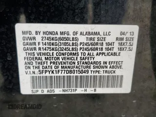 2013 Honda Ridgeline Sport with VIN 5FPYK1F77DB015049, listed as a Copart auction lot 55472615 with 213,336 mi miles and Clean Title. Bid and sale history available at carsss.com. Image 12.