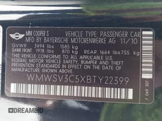 2011 MINI Hardtop S with VIN WMWSV3C5XBTY22399, listed as a IAAI auction lot 41868705 with 134,516 mi miles and . Bid and sale history available at DreamBid. Image 9.