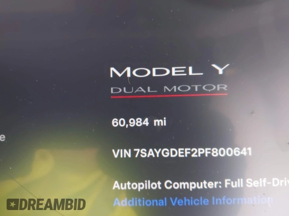2023 Tesla Model Y Performance with VIN 7SAYGDEF2PF800641, listed as a IAAI auction lot 41612596 with 60,984 mi miles and . Bid and sale history available at DreamBid. Image 15.