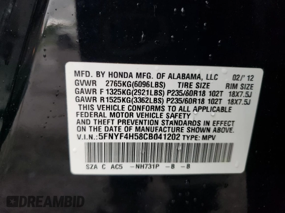 2012 Honda Pilot EX-L with VIN 5FNYF4H58CB041202, listed as a Copart auction lot 61659015 with 192,475 mi miles and Clean title. Bid and sale history available at DreamBid. Image 13.