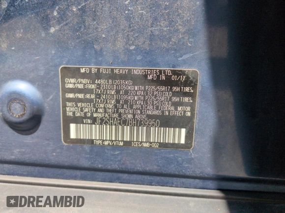 2011 Subaru Forester X Limited with VIN JF2SHAEC7BH739950, listed as a Copart auction lot 54569515 with 115,238 mi miles and Salvage title. Bid and sale history available at DreamBid. Image 13.