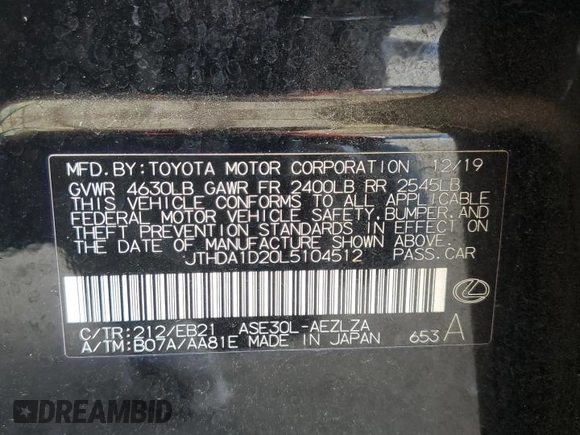 2020 Lexus IS 300 with VIN JTHDA1D20L5104512, listed as a Copart auction lot 66060184 with 39,719 mi miles and Salvage title. Bid and sale history available at DreamBid. Image 14.