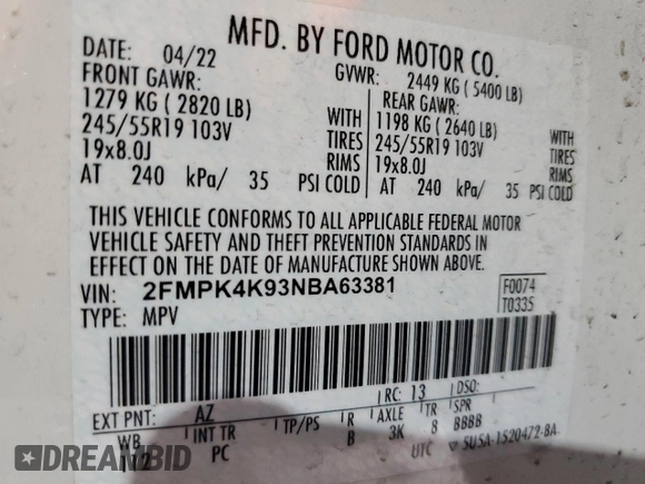 2022 Ford Edge Titanium with VIN 2FMPK4K93NBA63381, listed as a Copart auction lot 45031605 with 24,075 mi miles and Salvage Title. Bid and sale history available at carsss.com. Image 15.