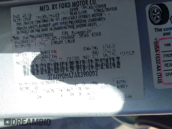 2010 Ford Fusion SE with VIN 3FAHP0HA7AR390002, listed as a IAAI auction lot 41725117 with 1 mi miles. Bid and sale history available at carsss.com. Image 9.