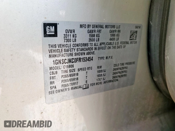 2015 Chevrolet Suburban LT with VIN 1GNSCJKC0FR153454, listed as a Copart auction lot 62672615 with 184,498 mi miles and Salvage title. Bid and sale history available at DreamBid. Image 12.