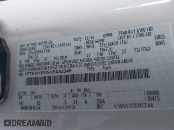 2017 Ford F-150 XL with VIN 1FTEW1EP5HFA52345, listed as a IAAI auction lot 41059665 with 134,193 mi miles and . Bid and sale history available at DreamBid. Image 9.
