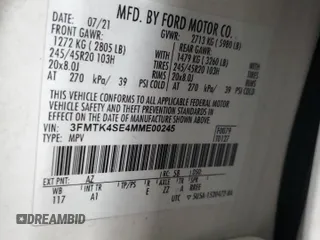 2021 Ford Mustang Mach-E GT with VIN 3FMTK4SE4MME00245, listed as a Copart auction lot 48055665 with 98,078 mi miles and Salvage Title. Bid and sale history available at DreamBid. Image 13.