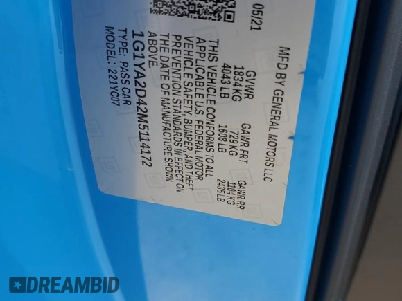 2021 Chevrolet Corvette 1LT with VIN 1G1YA2D42M5114172, listed as a Copart auction lot 70053944 with 0 mi miles and Salvage Title. Bid and sale history available at carsss.com. Image 12.
