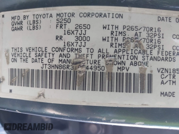 1996 Toyota 4Runner SR5 with VIN JT3HN86R3T0044950, listed as a IAAI auction lot 42099564 with 274,232 mi miles and . Bid and sale history available at DreamBid. Image 9.