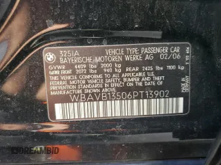 2006 BMW 3 Series 325i with VIN WBAVB13506PT13902, listed as a Copart auction lot 52562805 with 129,745 mi miles and Salvage Title. Bid and sale history available at carsss.com. Image 12.