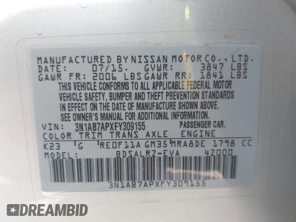 2015 Nissan Sentra SR with VIN 3N1AB7APXFY309155, listed as a IAAI auction lot 42158715 with 118,063 mi miles and . Bid and sale history available at DreamBid. Image 9.